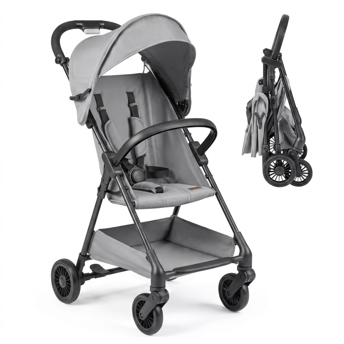 Lightweight Travel Stroller with Canopy and Under-Seat Basket for Baby and Toddler-Gray