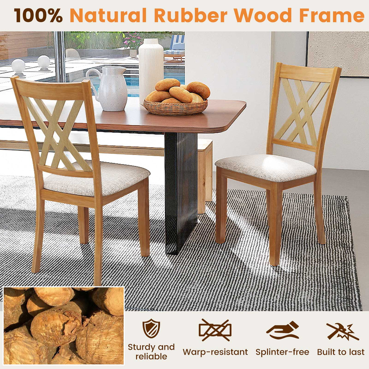 Linen Fabric Upholstered Wooden Dining Chair Set of 2 with Rubber Wood Frame for Dining Room-Natural