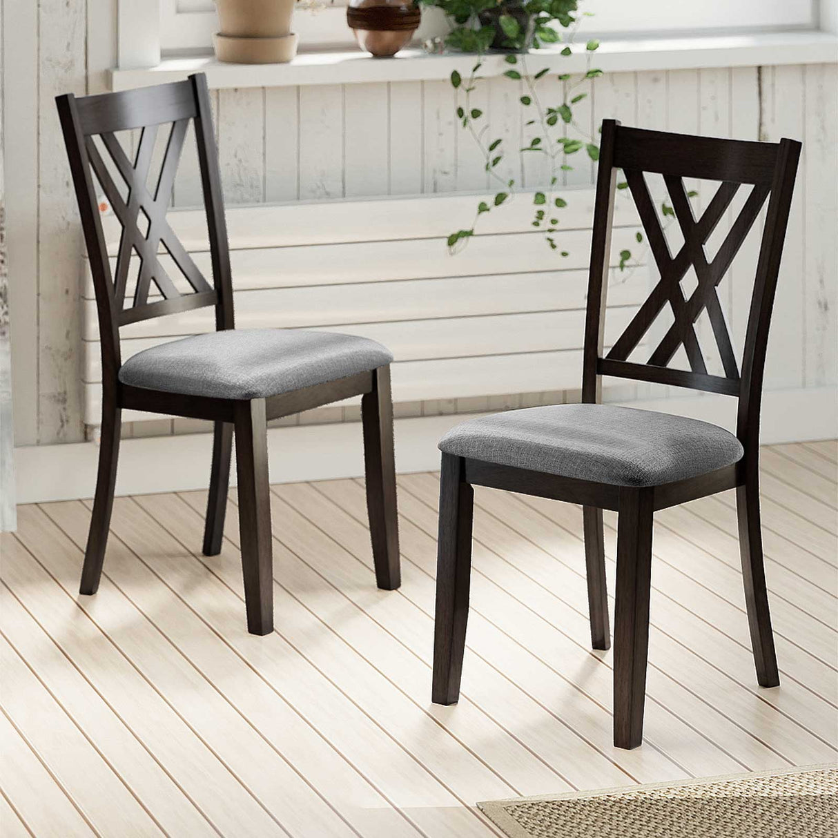 Linen Fabric Upholstered Wooden Dining Chair Set of 2 with Rubber Wood Frame for Dining Room-Gray