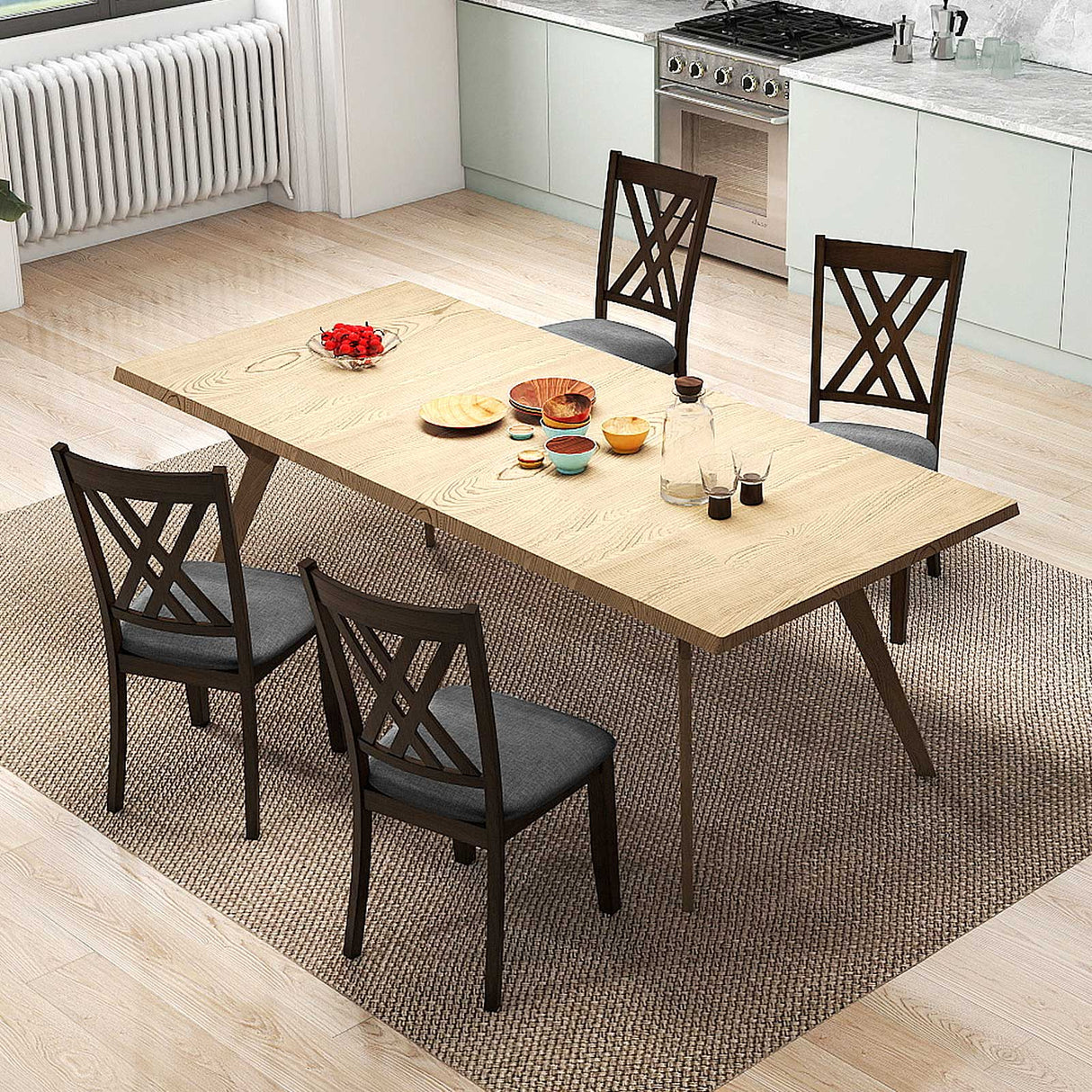 Linen Fabric Upholstered Wooden Dining Chair Set of 2 with Rubber Wood Frame for Dining Room-Gray