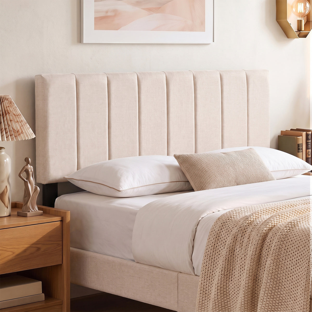 Linen Upholstered Headboard with Solid Wood Legs and Adjustable Width-Beige
