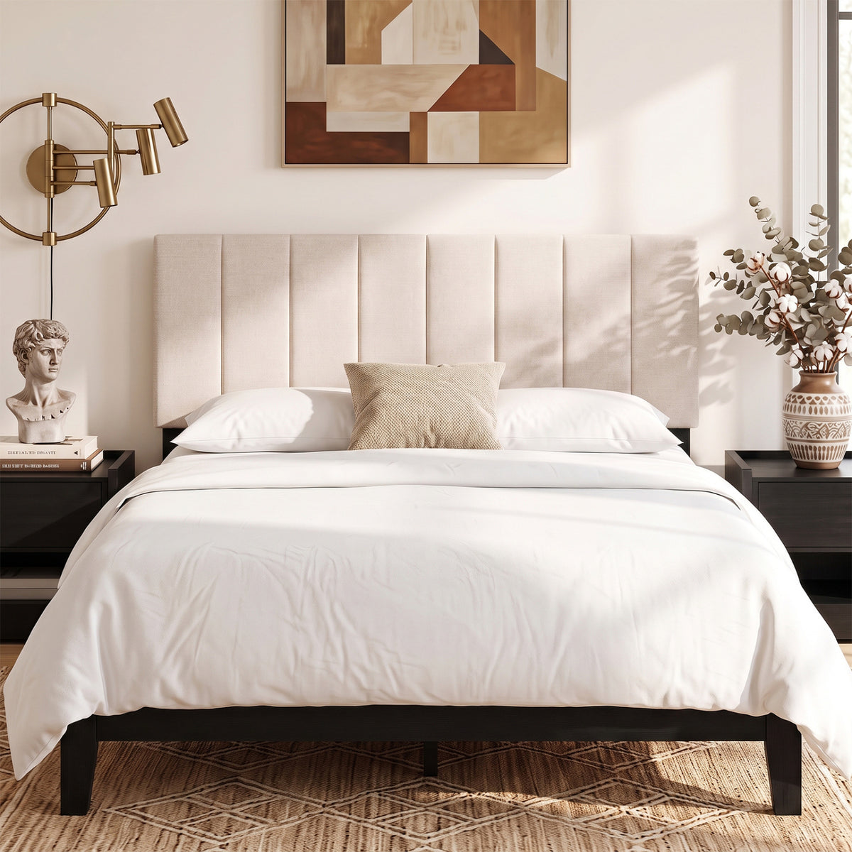 Linen Upholstered Headboard with Solid Wood Legs and Adjustable Width-Beige