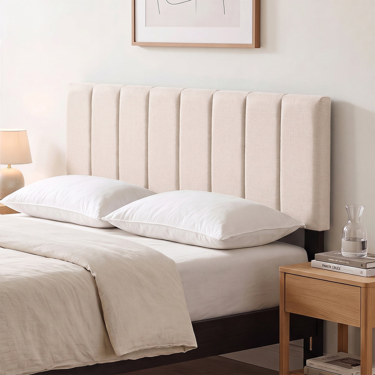 Linen Upholstered Headboard with Solid Wood Legs and Adjustable Width-Beige