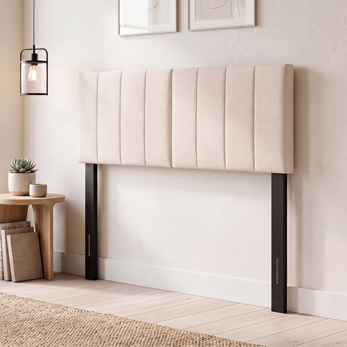 Linen Upholstered Headboard with Solid Wood Legs and Adjustable Width-Beige