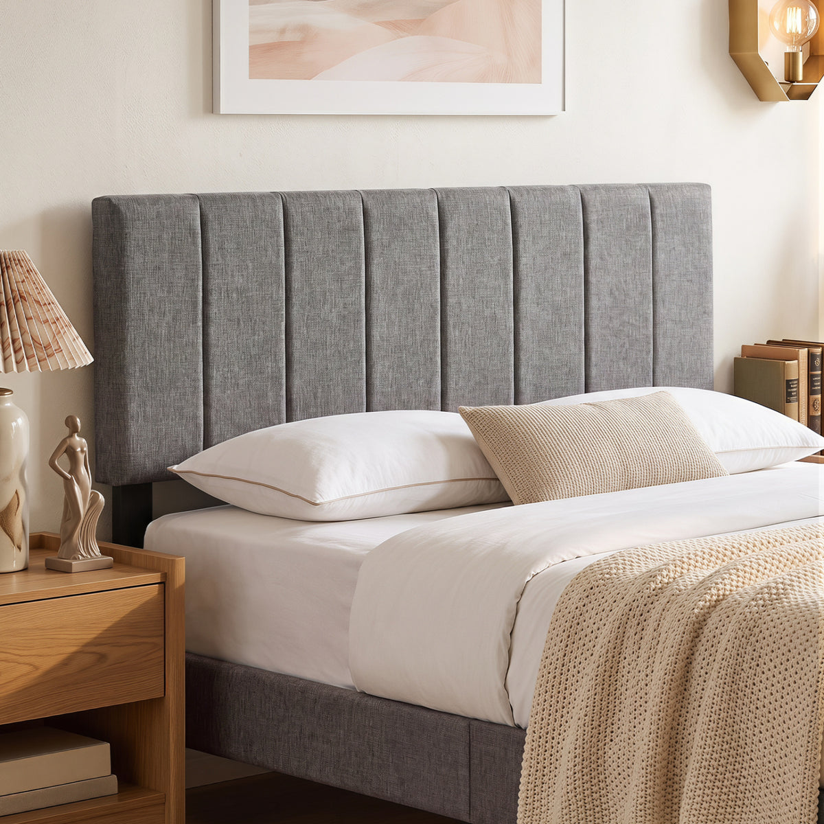Linen Upholstered Headboard with Solid Wood Legs and Adjustable Width-Dark Gray