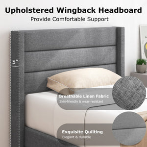Linen Upholstered Platform Twin/Queen Bed Frame with Wingback Headboard-Twin Size