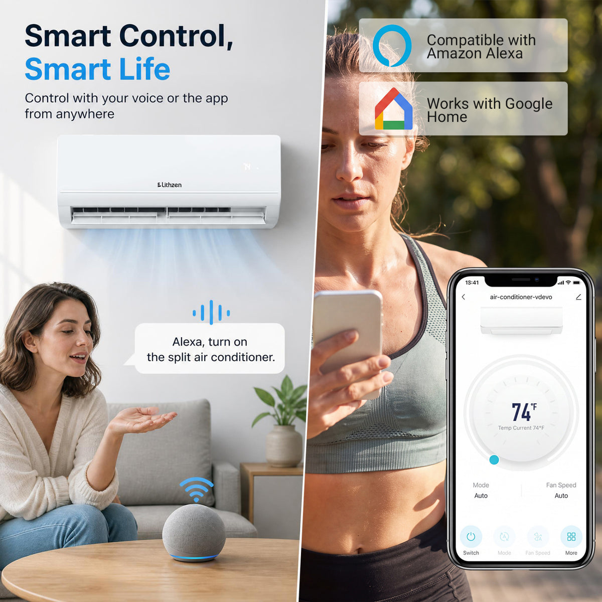 Lithzen 12000 BTU 115V 17 SEER2 Mini Split Air Conditioner and Heater WiFi Enabled