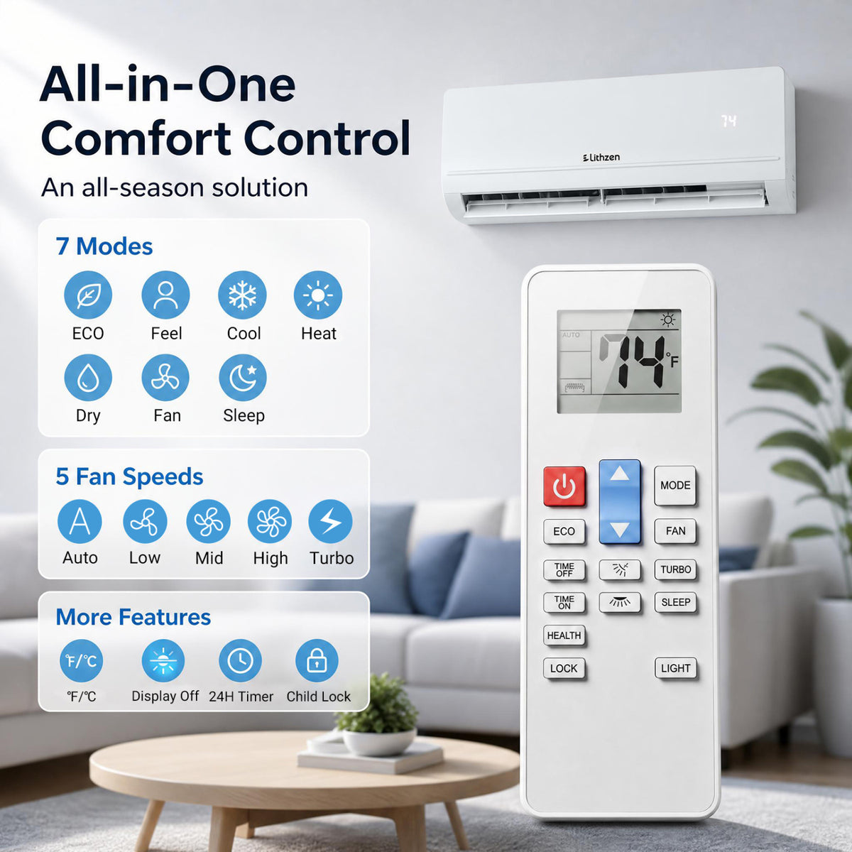Lithzen 12000 BTU 208-230V 17 SEER2 Mini Split Air Conditioner and Heater WiFi Enabled