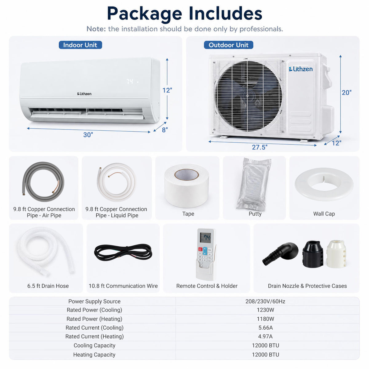 Lithzen 12000 BTU 208-230V 17 SEER2 Mini Split Air Conditioner and Heater WiFi Enabled