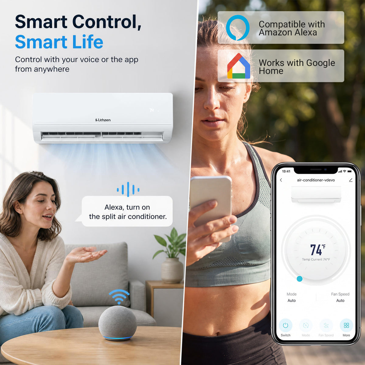 Lithzen 18000 BTU 208-230V 17 SEER2 Mini Split Air Conditioner and Heater WiFi Enabled