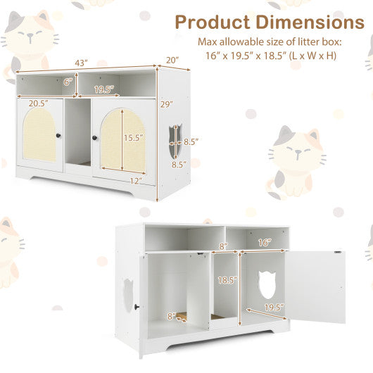 43 Inches Cat Litter Box Enclosure with Storage and Double Rooms-White