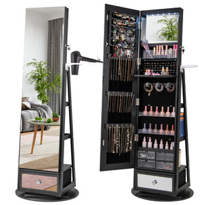 Lockable 360 ° Swivel Jewelry Cabinet with Full-Length Mirror LED Lights-Black