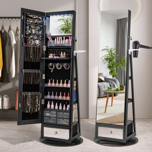 Lockable 360 ° Swivel Jewelry Cabinet with Full-Length Mirror LED Lights-Black
