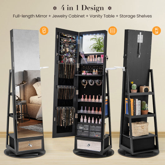 Lockable 360 ° Swivel Jewelry Cabinet with Full-Length Mirror LED Lights-Black