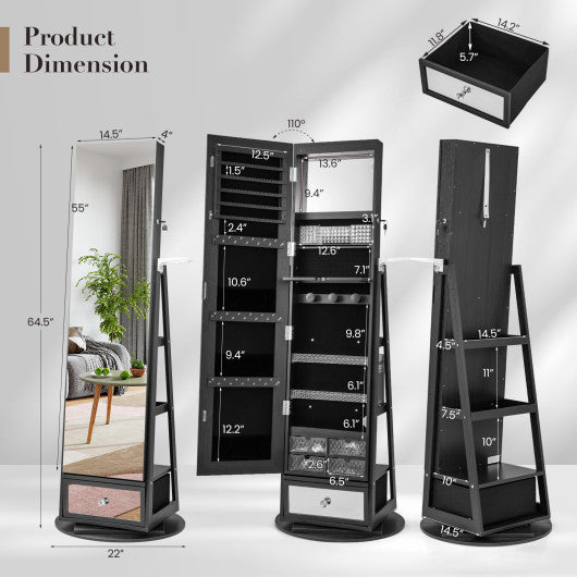 Lockable 360 ° Swivel Jewelry Cabinet with Full-Length Mirror LED Lights-Black