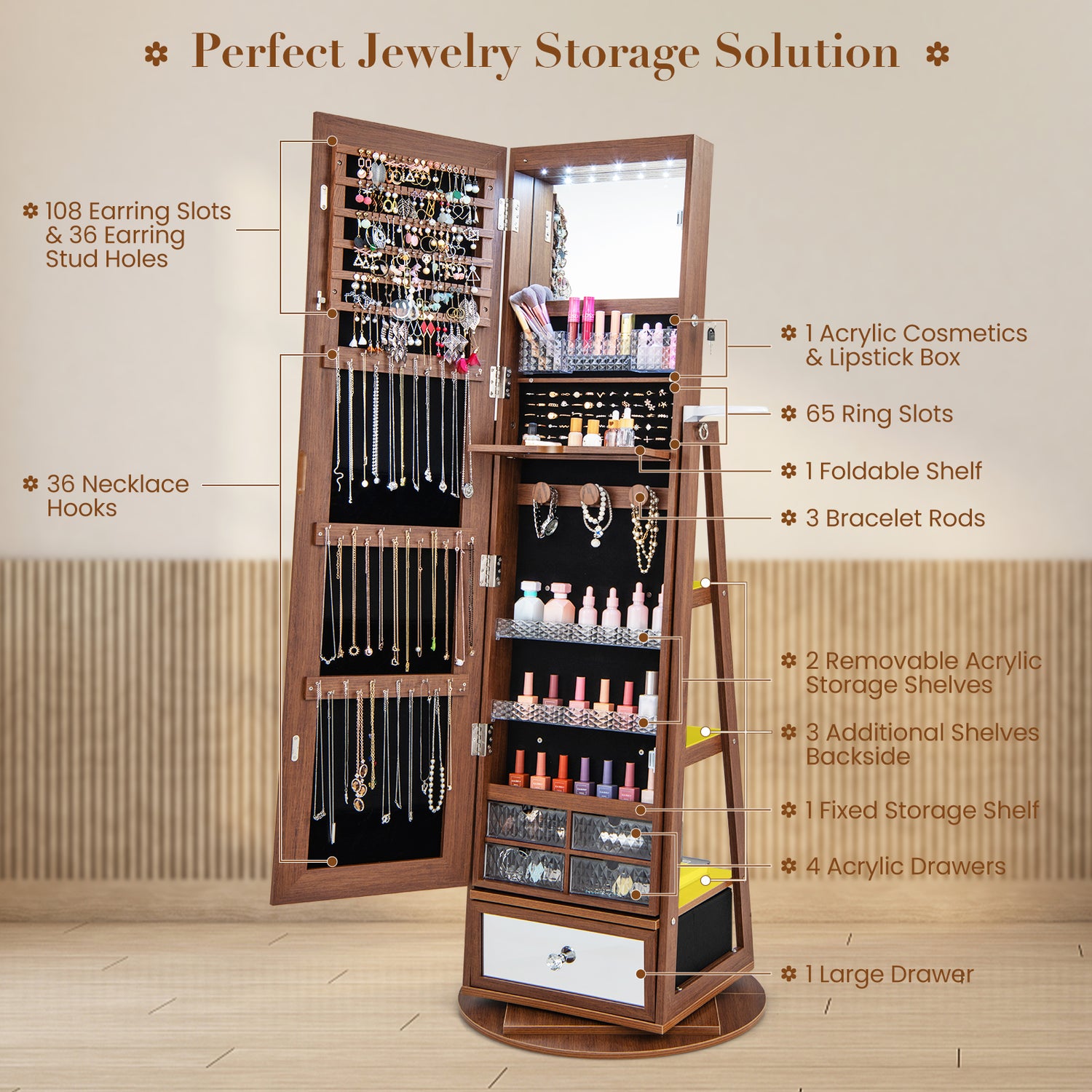 Lockable 360 ° Swivel Jewelry Cabinet with Full-Length Mirror LED Lights-Walnut