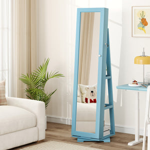 360 ° Rotatable 2-in-1 Lockable Jewelry Cabinet with Full-Length Mirror-Blue