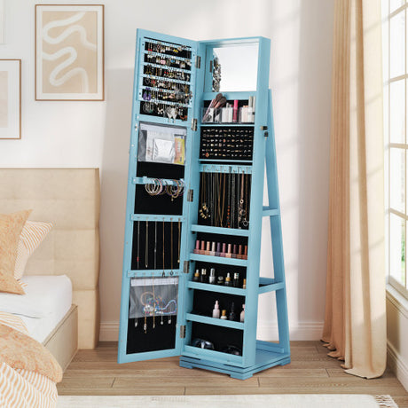360 ° Rotatable 2-in-1 Lockable Jewelry Cabinet with Full-Length Mirror-Blue
