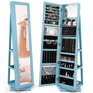 360 ° Rotatable 2-in-1 Lockable Jewelry Cabinet with Full-Length Mirror-Blue