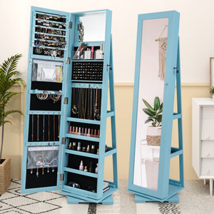 360 ° Rotatable 2-in-1 Lockable Jewelry Cabinet with Full-Length Mirror-Blue