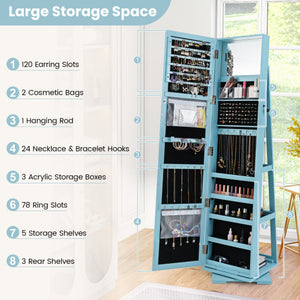 360 ° Rotatable 2-in-1 Lockable Jewelry Cabinet with Full-Length Mirror-Blue