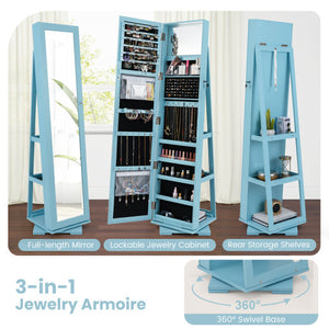 360 ° Rotatable 2-in-1 Lockable Jewelry Cabinet with Full-Length Mirror-Blue