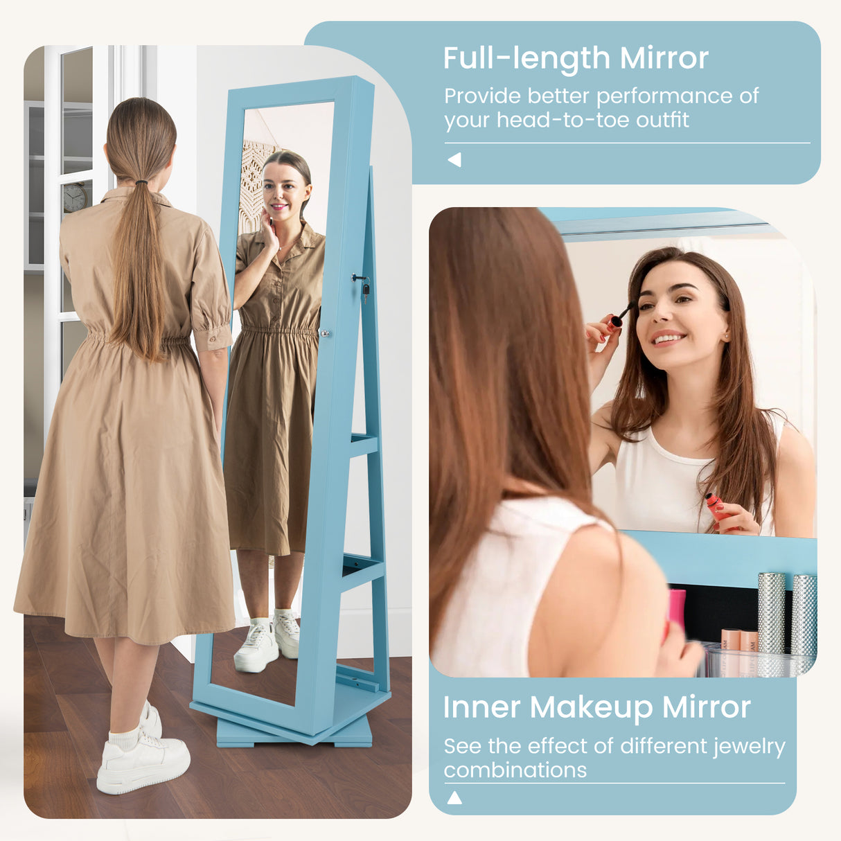 360 ° Rotatable 2-in-1 Lockable Jewelry Cabinet with Full-Length Mirror-Blue
