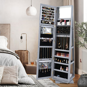 360 ° Rotatable 2-in-1 Lockable Jewelry Cabinet with Full-Length Mirror-Gray