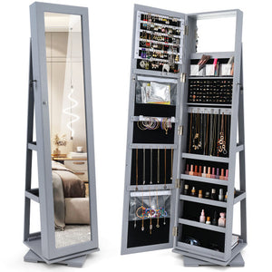 360 ° Rotatable 2-in-1 Lockable Jewelry Cabinet with Full-Length Mirror-Gray