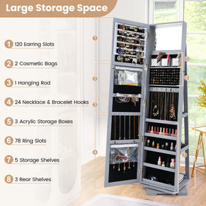 360 ° Rotatable 2-in-1 Lockable Jewelry Cabinet with Full-Length Mirror-Gray