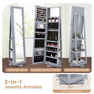 360 ° Rotatable 2-in-1 Lockable Jewelry Cabinet with Full-Length Mirror-Gray
