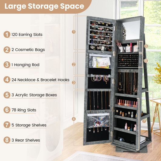 360 ° Rotatable 2-in-1 Lockable Jewelry Cabinet with Full-Length Mirror-Green