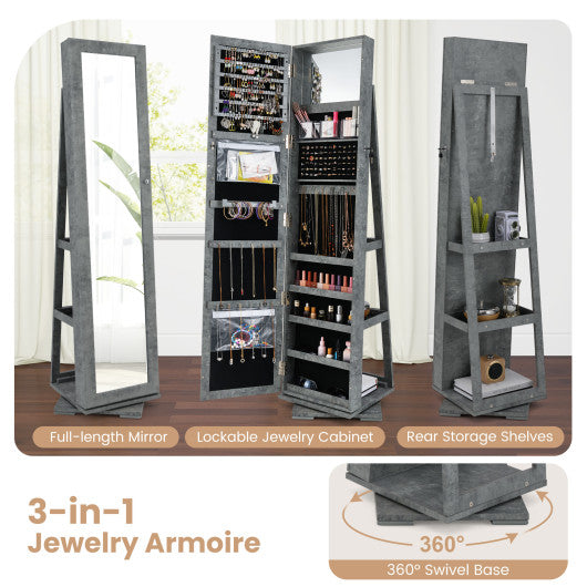360 ° Rotatable 2-in-1 Lockable Jewelry Cabinet with Full-Length Mirror-Green