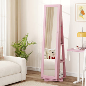 360 ° Rotatable 2-in-1 Lockable Jewelry Cabinet with Full-Length Mirror-Pink