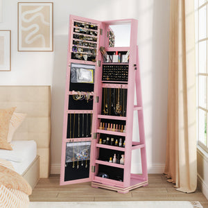 360 ° Rotatable 2-in-1 Lockable Jewelry Cabinet with Full-Length Mirror-Pink