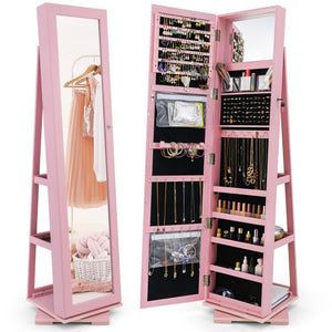 360 ° Rotatable 2-in-1 Lockable Jewelry Cabinet with Full-Length Mirror-Pink