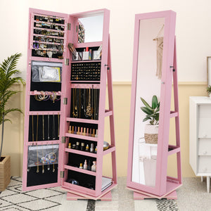 360 ° Rotatable 2-in-1 Lockable Jewelry Cabinet with Full-Length Mirror-Pink