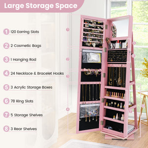 360 ° Rotatable 2-in-1 Lockable Jewelry Cabinet with Full-Length Mirror-Pink