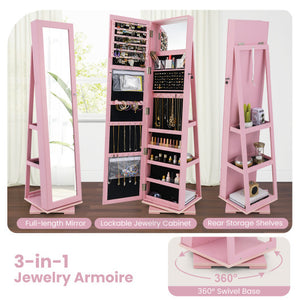360 ° Rotatable 2-in-1 Lockable Jewelry Cabinet with Full-Length Mirror-Pink