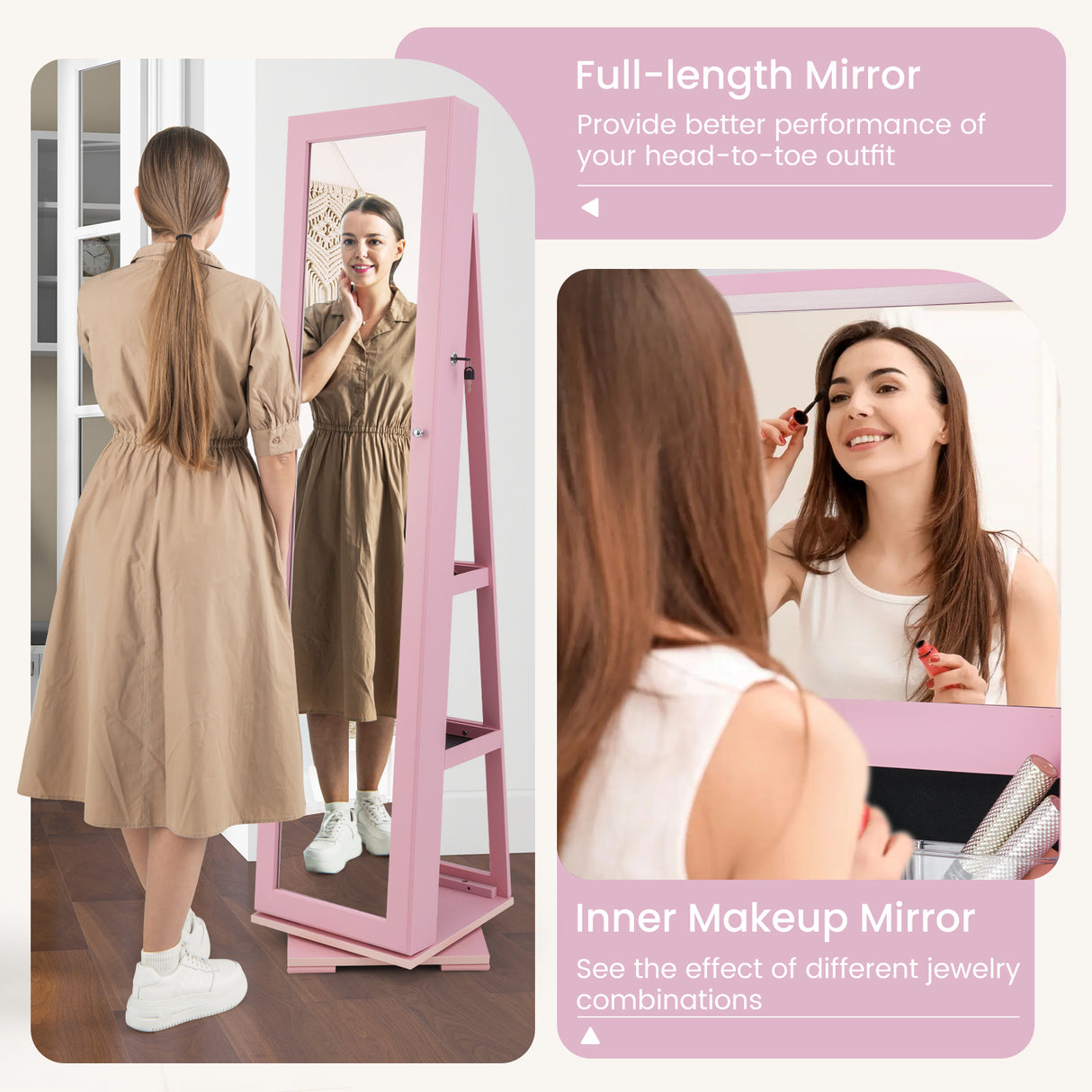 360 ° Rotatable 2-in-1 Lockable Jewelry Cabinet with Full-Length Mirror-Pink