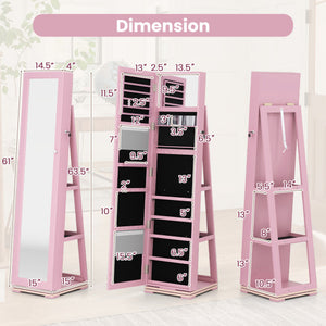 360 ° Rotatable 2-in-1 Lockable Jewelry Cabinet with Full-Length Mirror-Pink