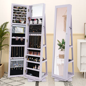 360 ° Rotatable 2-in-1 Lockable Jewelry Cabinet with Full-Length Mirror-Purple