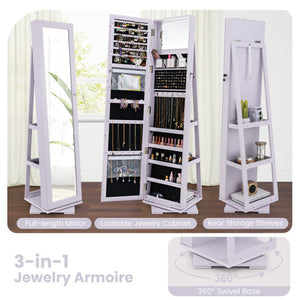 360 ° Rotatable 2-in-1 Lockable Jewelry Cabinet with Full-Length Mirror-Purple