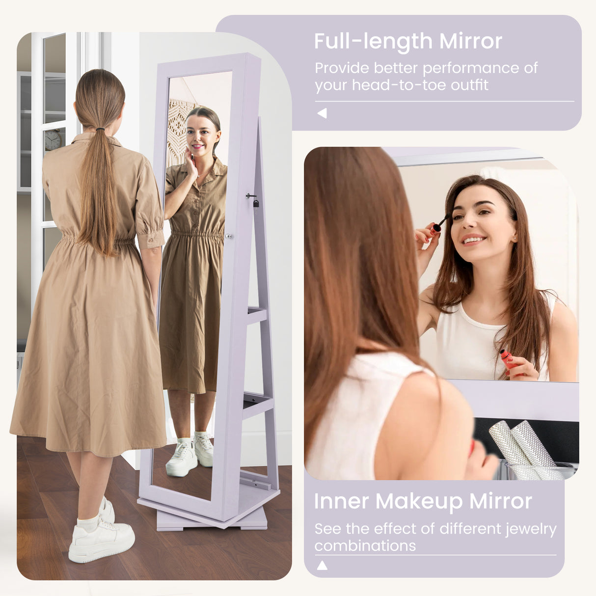 360 ° Rotatable 2-in-1 Lockable Jewelry Cabinet with Full-Length Mirror-Purple