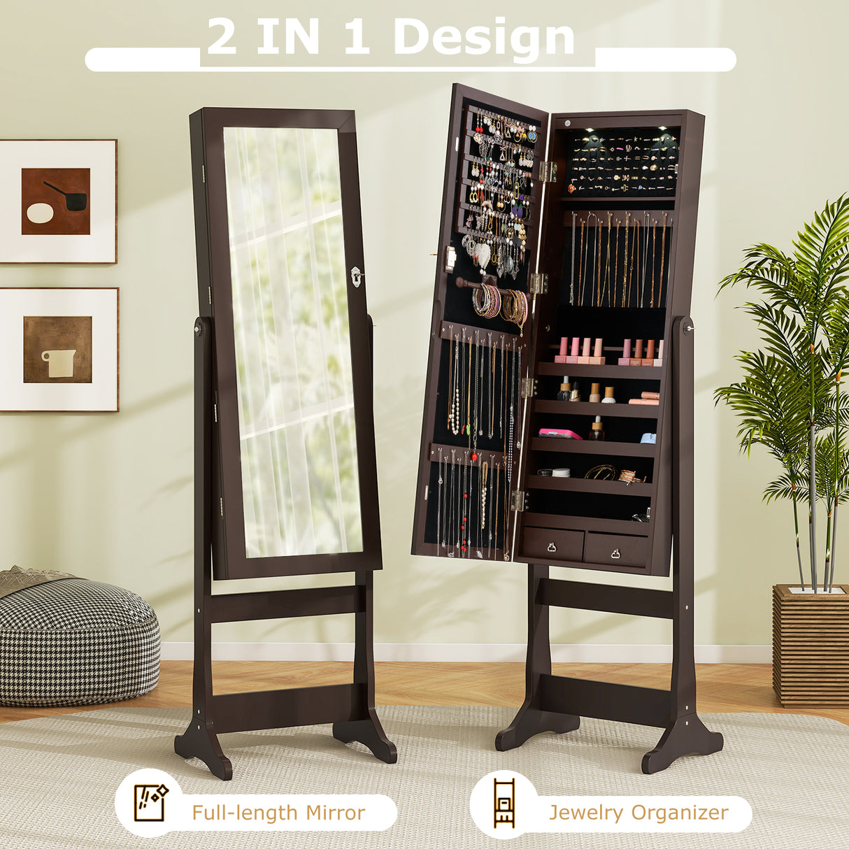 Lockable Mirrored Jewelry Cabinet with Stand and Led Lights-Brown