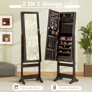 Lockable Mirrored Jewelry Cabinet with Stand and Led Lights-Brown