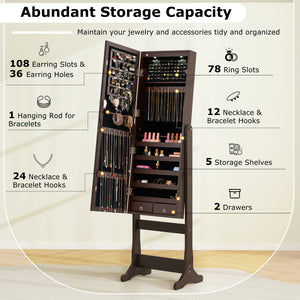 Lockable Mirrored Jewelry Cabinet with Stand and Led Lights-Brown