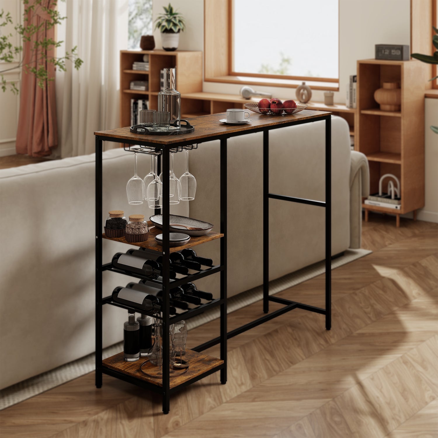 Long Bar Table Bar Height Dining Table with Storage Shelves-Rustic Brown