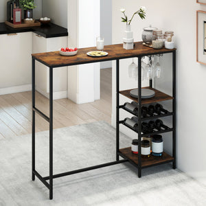 Long Bar Table Bar Height Dining Table with Storage Shelves-Rustic Brown