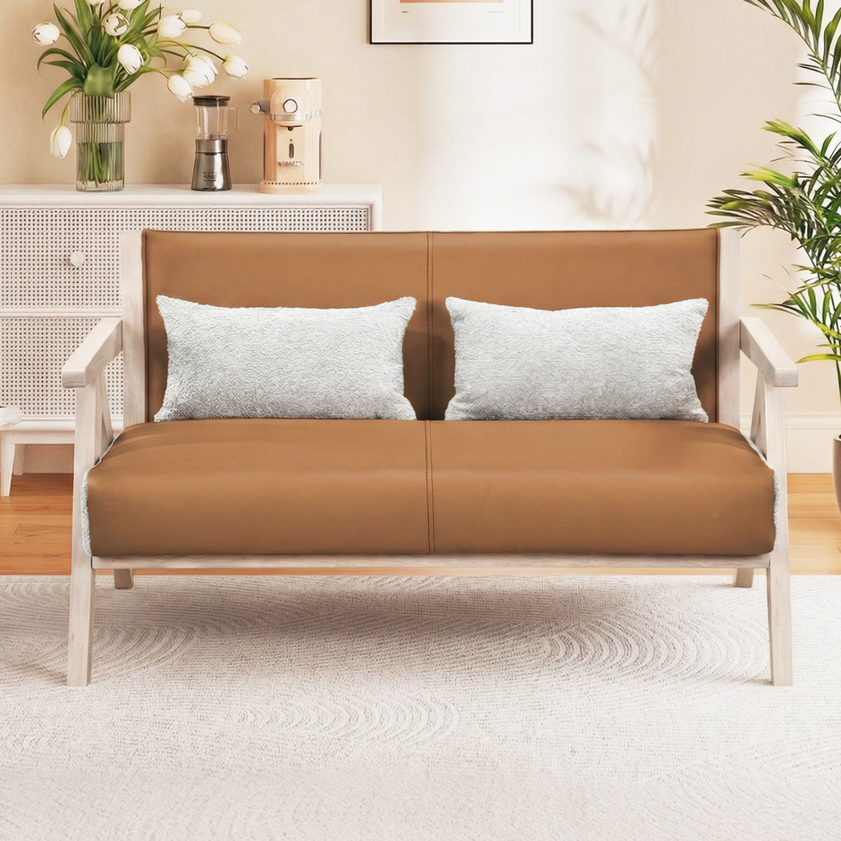 Loveseat Sofa for Small Spaces with Throw Pillows Rubber Wood Frame Padded Seat-Brown